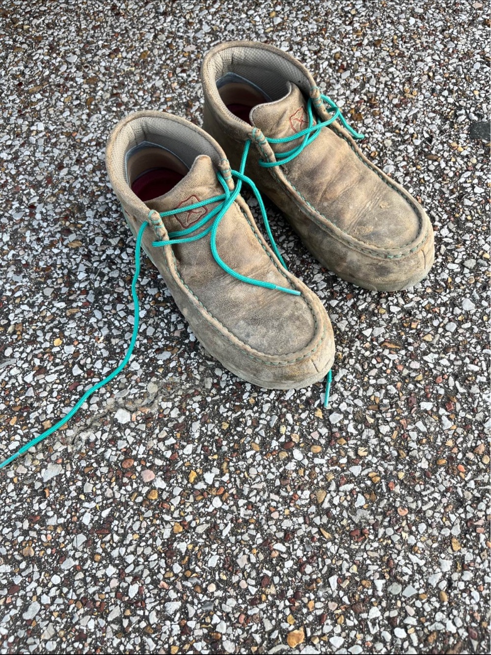 Beige Suede Moccasin-Style Boots with Teal Laces